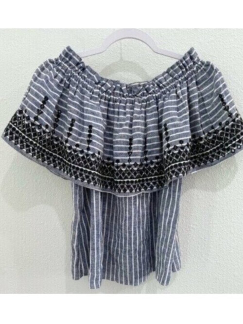 Parker Embroidered Ruffle Linen Top Feminine Nautical Embroidered Striped Preppy